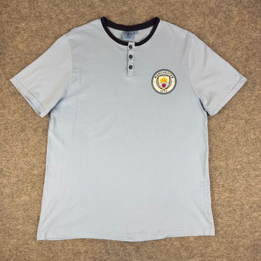 Manchester City FC Official Henley T-Shirt Cotton Blue Adult Mens Large L